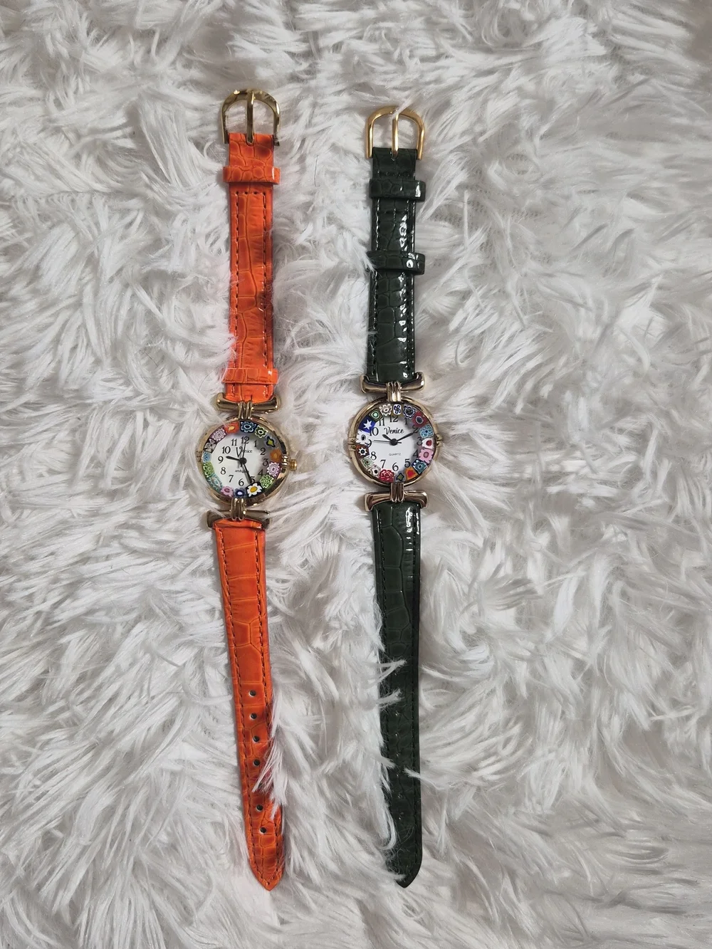 Womens Venice Watch Bundle Duo Set Green Orange Band Gold Tone Art And Glass Art